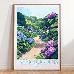 Póster de viaje de los Jardines Trebah de Cornualles, lámina de arte mural de Cornualles, lámina de viaje de los Jardines Trebah, regalos de viaje personalizados