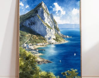 Gibraltar Rock Coastline, Mediterranean View, Watercolor Travel