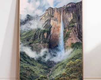 Angel Falls Venezuela Watercolor Painting – Tropical Waterfall Wall Art, Lush Jungle Landscape Print