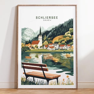 Lámina de viaje de Schliersee, póster de viaje de Schliersee, Baviera, lámina de viaje de Baviera, paisaje urbano minimalista, regalos de decoración para el hogar