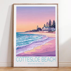 Póster de viaje de la playa de Cottesloe, Australia Occidental, arte mural de viaje a Australia Occidental, impresión de la playa de Cottesloe, decoración del hogar