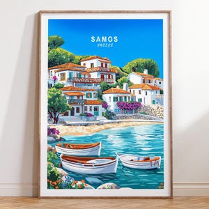 Poster di viaggio di Samo, Grecia, stampa di viaggio in Grecia, arte murale di viaggio di Samo, paesaggio urbano minimalista, regali di inaugurazione della casa