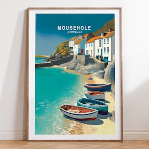 Mousehole Travel Print,  Cornwall Travel Poster, Mousehole Cornwall Wall Art Print, Minimalist Cityscape, House Warming Gifts