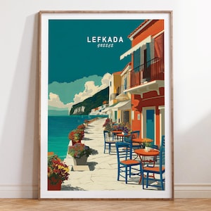 Lefkada Travel Wall Art, Greece Travel Poster, Lefkada Greece Travel Print, Minimalist Cityscape, Birthday Present