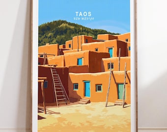 Impressão de viagem de Taos, Novo México, Impressão de viagem de Taos, Impressão de arte de parede do México, Pôster de viagem minimalista, Presentes de inauguração de casa