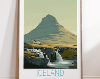 Iceland Kirkjufell Travel Poster, Kirkjufell Travel Print, Iceland Wall Art Print, Personalised Travel Gifts, Home Decor