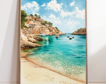 Mallorca Spain Watercolor Painting, Mediterranean Beach Wall Art, Coastal Landscape Print