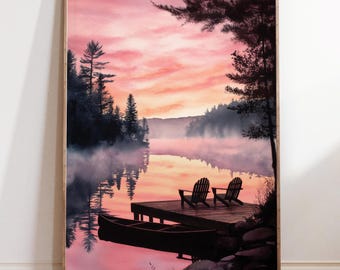 Pintura de acuarela de Muskoka, Canadá; Arte mural de atardecer en el lago; Impresión de paisaje de muelle de cabaña