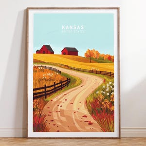Impresión de viaje de Kansas, arte mural de viaje de Kansas, póster de viaje de Estados Unidos, póster de viaje minimalista, regalos de boda