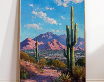 Pintura al óleo de Phoenix, Arizona – Paisaje desértico con cactus y montañas, decoración del suroeste