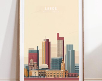 Póster de viaje de Leeds, arte mural de viaje de Leeds, Reino Unido, impresión de viaje de Reino Unido, póster de viaje minimalista