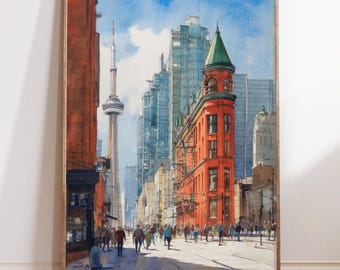 Toronto Canada Watercolor Print – City Skyline Wall Art with CN Tower, Urban Street Scene Painting, Modern Travel Poster