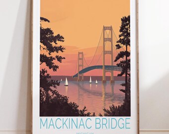 Mackinac Bridge Michigan Travel Poster, Michigan Travel Wall Art, Mackinac Bridge Travel Print, Home Decor, Wedding Gifts