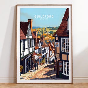 Guildford Travel Print, Guildford England Travel Poster, England Wall Art Print, Minimalist Cityscape, House Warming Gifts