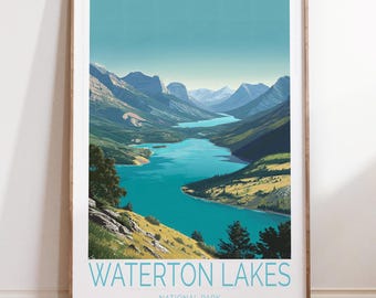 Waterton Lakes National Park Travel Poster, National Park Travel Print, Waterton Lakes Wall Art Print, Wedding Gifts