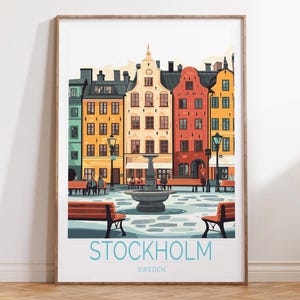 Plakat podróżniczy Sztokholm Szwecja, wydruk sztuki ściennej Szwecji, sztuka ścienna Sztokholmu, prezenty na parapetówkę, prezenty urodzinowe