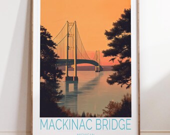 Mackinac Bridge Michigan Travel Print, Michigan Travel Poster, Mackinac Bridge Wall Art Print, Personalised Gifts