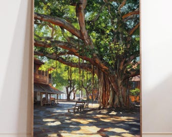 Dipinto a olio di Lahaina, Hawaii, scena tropicale, arte murale di viaggio a Lahaina
