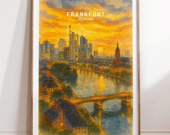 フランクフルト（ドイツ）、水彩画ポスター、都市景観アートプリント