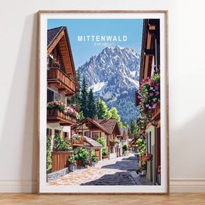 Mittenwald Reiseplakat, Bayern Reisewandkunst, Poster Bayern Reisedruck, personalisierte Geschenke, minimalistisches Stadtbild