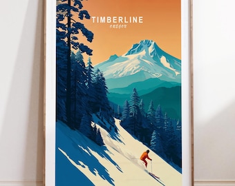 May include: A framed art print featuring a stylized mountain landscape with a skier. The artwork has a retro travel poster aesthetic, with the text "TIMBERLINE OREGON" at the top. The color palette includes shades of blue, orange, and white.