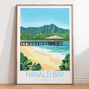 Affiche de voyage dans la baie d'Hanalei à Hawaï, impression de voyage à Hawaï, art mural de voyage dans la baie d'Hanalei, cadeaux de décoration intérieure, cadeaux de mariage