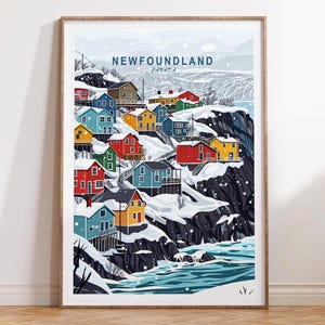 Impression voyage Terre-Neuve Canada, art mural voyage Canada, affiche de voyage Terre-Neuve, paysage urbain minimaliste, décoration d'intérieur