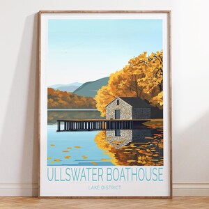 Cartaz de viagem do Ullswater Boathouse Lake District, impressão de viagem do Lake District, arte de parede de viagem do Ullswater Boathouse, decoração para casa