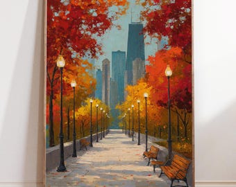 Oil Painting Travel Poster, Chicago Illinois, Autumn City Park Skyline Wall Art