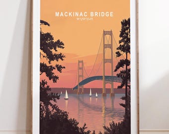 Mackinac Bridge Travel Poster, Mackinac Bridge Michigan Travel Wall Art, Michigan Travel Print, Minimalist Travel Poster
