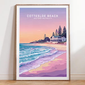Impresión artística de pared de la playa de Cottesloe, póster de viaje de Australia Occidental, impresión de viaje de la playa de Cottesloe, Australia Occidental, póster de viaje minimalista