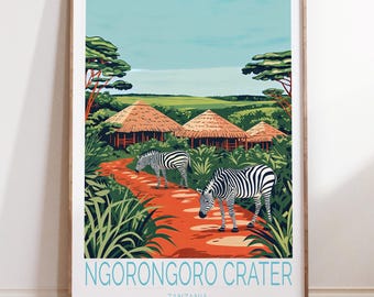 Ngorongoro Crater Tanzania Travel Poster, Tanzania Travel Print, Ngorongoro Wall Art Print, Personalised Gifts, Birthday Gifts