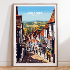 Guildford Anglia Podróże Sztuka Ścienna, Anglia Podróże Plakat, Guildford Podróże Druk, Niestandardowy Podróże Plakat, Wystrój Domu