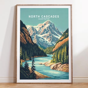 Cartaz de viagem de North Cascades, Washington, impressão de viagem de Washington, impressão de arte de parede de North Cascades, presentes de aniversário, paisagem urbana minimalista