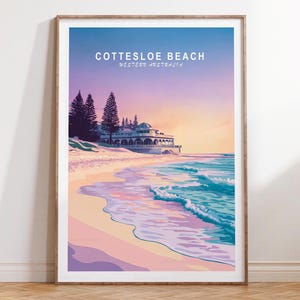 Impresión de viaje de la playa de Cottesloe, arte mural de viaje de Australia Occidental, póster de viaje de la playa de Cottesloe, Australia Occidental, paisaje urbano minimalista