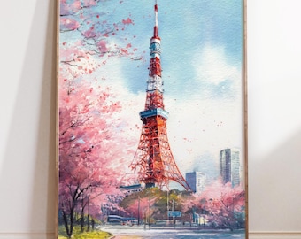Tokyo Tower Japan Watercolor Painting – Cherry Blossom Spring Wall Art, Japanese Cityscape Decor