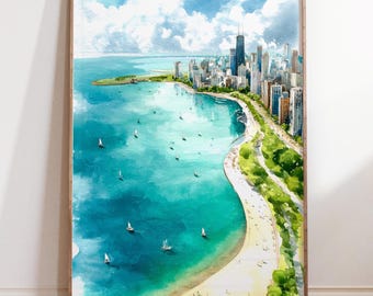 Lake Michigan Chicago Waterfront Illustration, USA Coastal Skyline