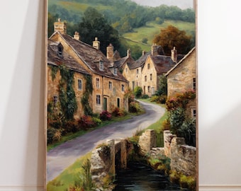 イギリスの田舎の村の絵画 水彩画 ウォールアート デジタル