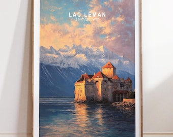 レマン湖 - スイスの絵画 レマン湖 スイスアルプス 山 壁アート、水彩
