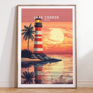 Impression d'art mural Lake Conroe, impression de voyage lac Conroe au Texas, affiche de voyage au Texas, paysage urbain minimaliste, cadeaux de décoration intérieure