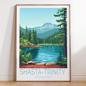 Póster de viaje al Bosque Nacional Shasta Trinity, Arte mural de viaje al Bosque Nacional, Impresión de viaje a Shasta Trinity, Regalos de cumpleaños