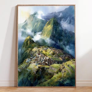 May include: Watercolor painting of Machu Picchu, Peru, framed in a wooden frame. The artwork depicts the ancient Inca citadel nestled in the Andes Mountains, with lush green terraces and misty peaks. The color palette includes greens, blues, and browns.