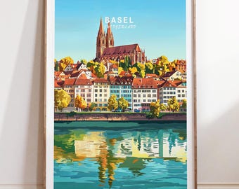 Reisposter Bazel, reisposter Zwitserland, reisposter Bazel, Zwitserland reiskunst aan de muur, minimalistische reisposter, huwelijkscadeaus