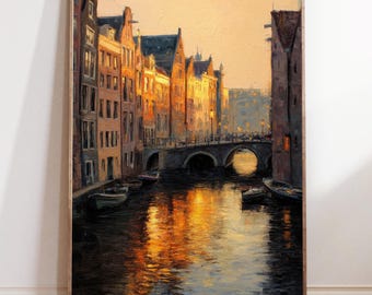 Amsterdam Netherlands Oil Painting Poster – Canal Sunset Wall Art, Dutch Architecture Print, European Cityscape Home Decor, Holland Artwork