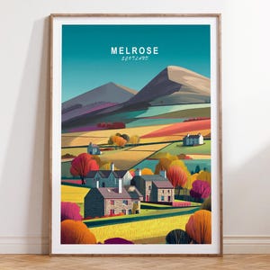 Impression d'art mural Melrose, impression de voyage en Écosse, affiche de voyage en Écosse Melrose, cadeaux de voyage personnalisés, paysage urbain minimaliste