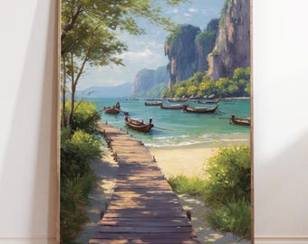 May include: A framed landscape painting depicts a tropical beach scene. A wooden pier leads to turquoise water with several small boats. Lush green trees and cliffs frame the serene bay under a bright blue sky.