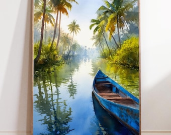 Póster de viaje en acuarela de la India, arte de Kottayam, impresión de remansos tropicales