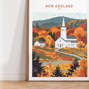 Póster de viaje a Nueva Inglaterra, arte mural de viaje a Nueva Inglaterra, EE. UU., impresión de viaje a EE. UU., póster de viaje minimalista, regalos de boda