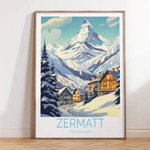 Póster de viaje a Zermatt, Suiza, póster de invierno a Zermatt, arte mural de viaje a Zermatt, Suiza, regalo de viaje a Suiza