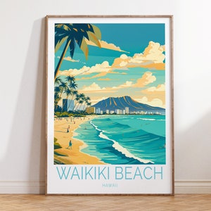 Hawaii Waikiki Beach Küstenreiseplakat, Waikiki Hawaii Tailor Wandkunst, Hawaii Küstenreisewandkunst, Airbnb Küstenreiseplakat